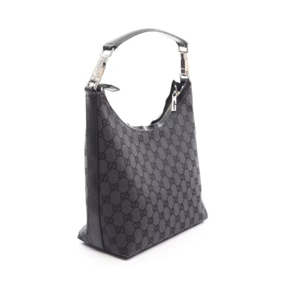 Gucci Shoulder Bag Leather Black Canvas GG Black